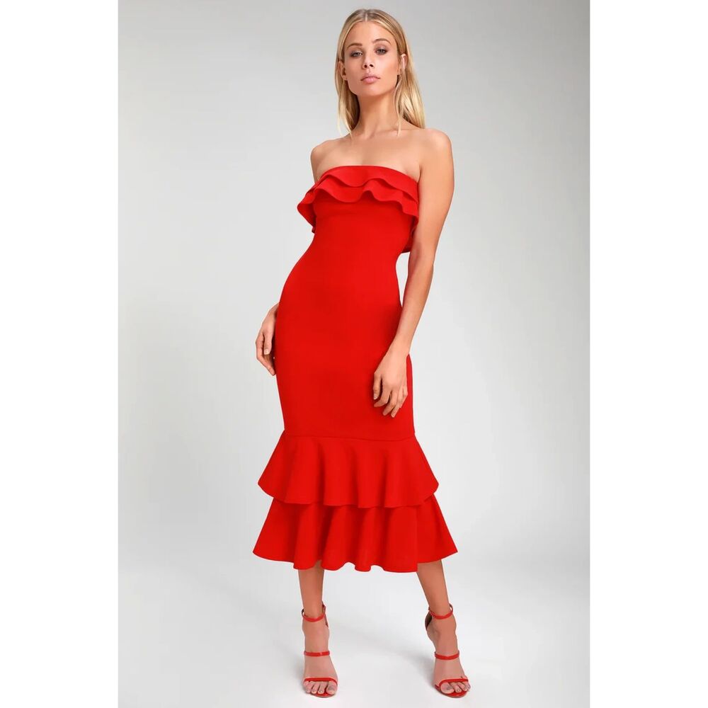 NWT's Lulus Glam Life Red Ruffled Strapless Midi Dress; Medium